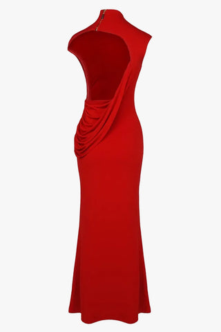 Open Back High Neck Long Evening Dress with Draped Detail