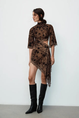 Floral Velvet Lace Cutout Mini Dress