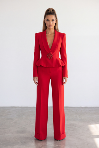 Long-Sleeve Crepe Peplum Blazer and Wide-Leg Pants Set with Beaded Brooch Detail