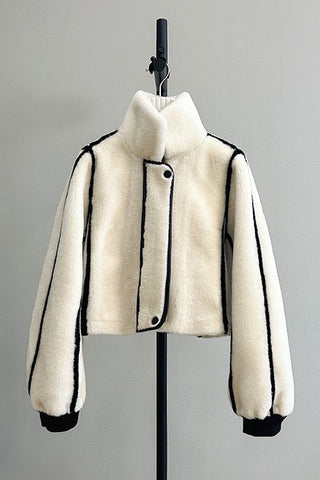 Plush Teddy Shearling Contrast Trim High-Neck Cropped Jacket