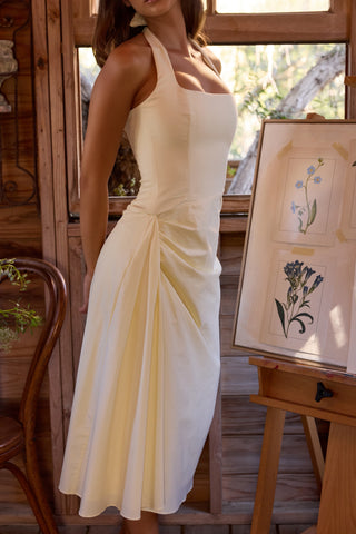 Halter Neck Midi Dress – Draped Waist & Open Back