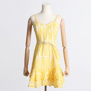 Embroidered Sleeveless Belted Mini Dress