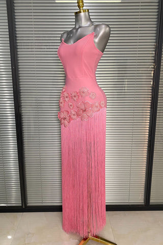 Strapless Floral Appliqué Fringe Long Dress with Bodycon Silhouette