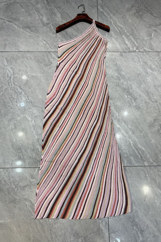 Metallic Striped One-Shoulder Knit Long Dress