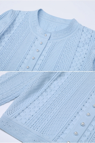 Two-Piece Textured Knit Set – Pearl-Button Cardigan & Flared Maxi Skirt