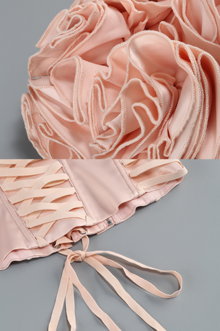 Rosette Bloom Hourglass Corset Mini Dress with  3D Ruffled Skirt in Blush Satin