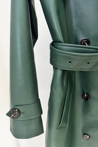 Long Sleeve Double-Breasted Faux Leather Trench Coat with Belt
