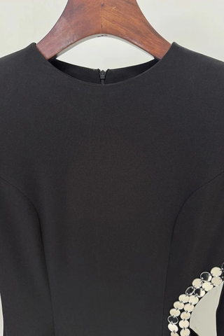 Long Sleeve Black Long Dress with Sequin Cutout Detailing and High Slit