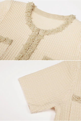 Pearl Embellished Tweed Peplum Midi Dress with Short Sleeves