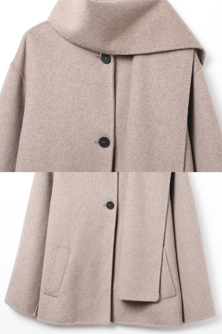 Cozy Wool-Blend Scarf Collar Coat – Long Sleeve, Minimalist Design