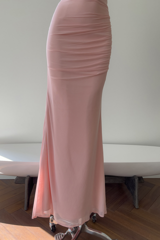 Dusty Rose Draped Mesh Strapless Set with Convertible Scarf & Fishtail Maxi Skirt