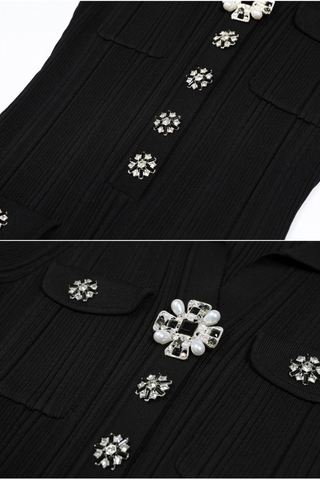 Short Sleeve Knit Long Dress with Rhinestone Buttons and Collar