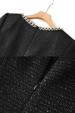 Long Sleeve Tweed Mini Dress with Pearl-Trimmed Square Neck and Pocket Details