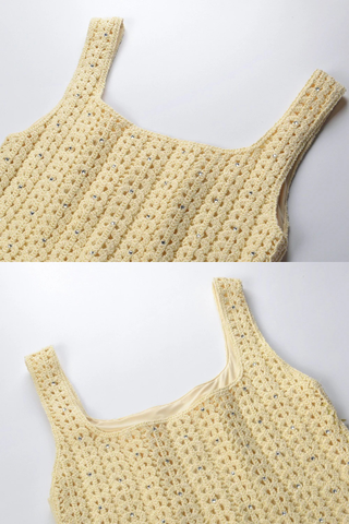 Crochet Knit Midi Dress with Crystal Embellishments & Sleeveless Square Neck Design
