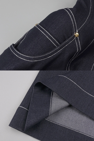 Halter Neck Denim Long Dress with Front Zip and Contour Stitching