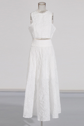 Sky Bloom Embroidered Eyelet Set  Round Neck Crop Top & High-Waist Maxi Skirt