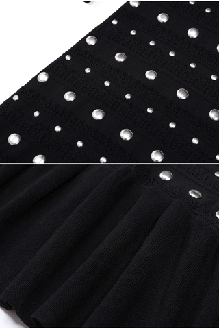 Studded Knit Long Dress – Elegant Long Sleeve Flared Cuff Evening Dress