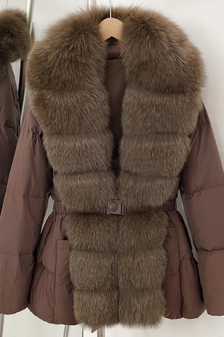 Belted Puffer Jacket with Faux Fox Fur Collar and Front Panel