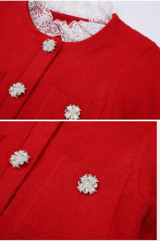 Round Neck Slim-Fit Wool-Blend Mini Dress with Crystal Embellished Buttons