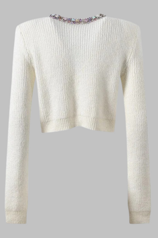 Short Knit Cardigan with Jewel-Embellished Round Neck and Buttons