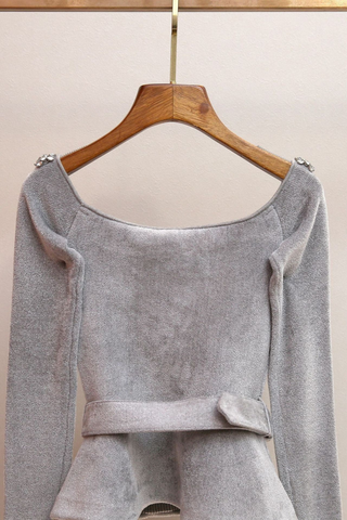 Elegant Velvet Off-Shoulder Top with Rhinestone Neckline and Belt