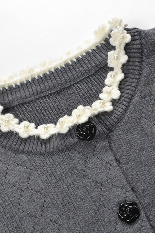 Charcoal Gray Three-Piece Knitted Set with White Floral Trim – Cardigan, Top & Pleated Mini Skirt