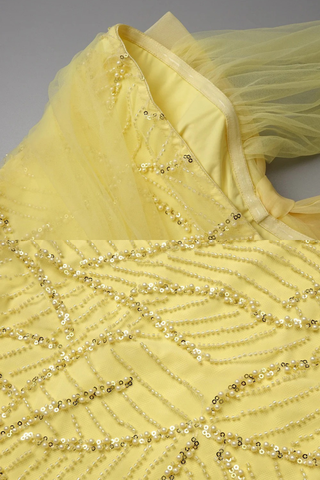 Sleeveless Halter Beaded Yellow Tulle Long Dress – Hand-Embellished Sequins & Pearls, Floor-Length Design