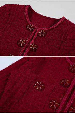 Embellished Tweed Long Sleeve Midi Dress with Jewel Buttons