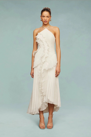Halter Neck Pleated Ruffle Long Dress