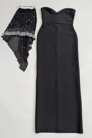 Strapless Bandage Long Dress with Rhinestone Mesh Cape Overlay and High Neck