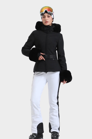 Tailored Ski Jacket with Belted Waist, Fur Details, and Long-Sleeve Design