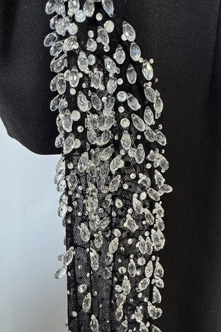 Off-Shoulder Long Sleeve Long Dress with Crystal-Embellished Sheer Panel