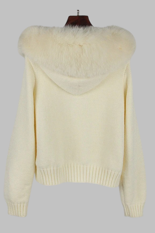 Faux Fur Trimmed Knitted Hooded Cardigan
