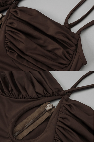 Mocha Draped Sleeveless Backless Long  with Double Straps & Thigh-High Slit