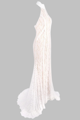 Halter Neck Lace Mermaid Long Dress  – Backless Sheer Dress with Lace-Up Detail and Train