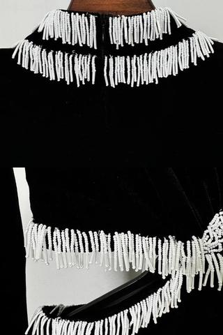 Velvet Long Sleeve Mini Dress with Beaded Fringe and Cutout Waist