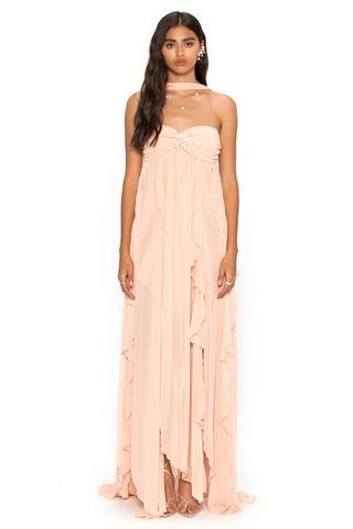 Strapless Ruffle Chiffon Long Dress with Rhinestone Starfish Brooch Backless, Layered Flowing Skirt
