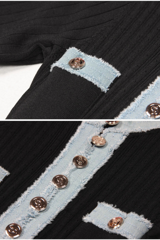 Short Sleeves Denim-Trimmed Knitted Long Dress