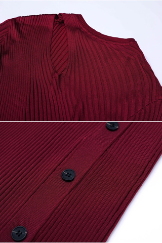 Long Sleeve Ribbed Knit Midi Dress with Asymmetrical Cutout and Button Slit