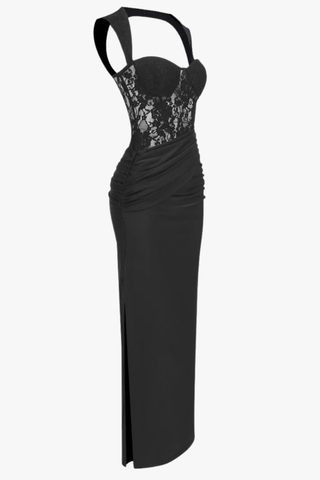 Lace Corset Draped Bodycon Long Dress with Cap Sleeves