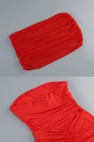 Scarlet Off-Shoulder Mesh Tulle Ruched Bodycon Mini Dress with Ruffled Hem & Stretch Lining