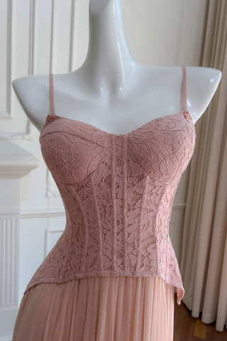 Romantic Blush Lace-Up Corset Maxi Dress with Sweetheart Neckline & Flowing Pleated Skirt