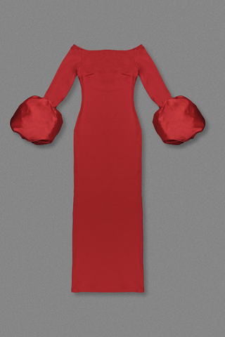 Sculpted Lantern Sleeve Off-Shoulder Long Dress