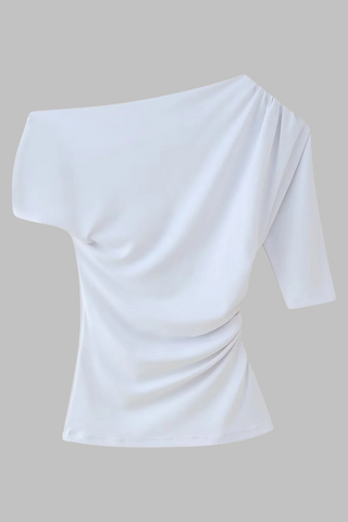 Asymmetric Draped Half Sleeve Top with Metal Accent