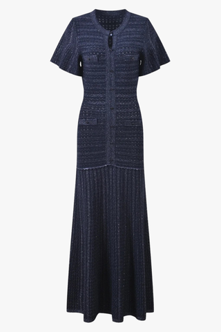 Textured Knit Long Dress – Short Sleeve Button Front Design