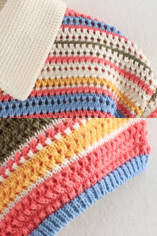 Striped Crochet Knit Two-Piece Set with Short Sleeve Button Top and High-Waist Shorts