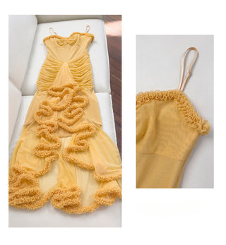 Elegant Sleeveless Long Mesh Dress with Ruffled Details