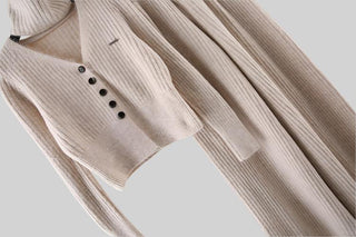 3-Piece Knitted Set - V-Neck Sweater, Cardigan, and Wide-Leg Pants