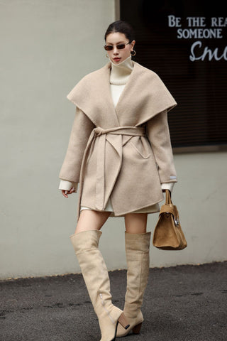Wool Blend Oversized Shawl Collar Belted Coat