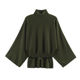 Belted Mock Neck Knit Sweater with Wide Sleeves